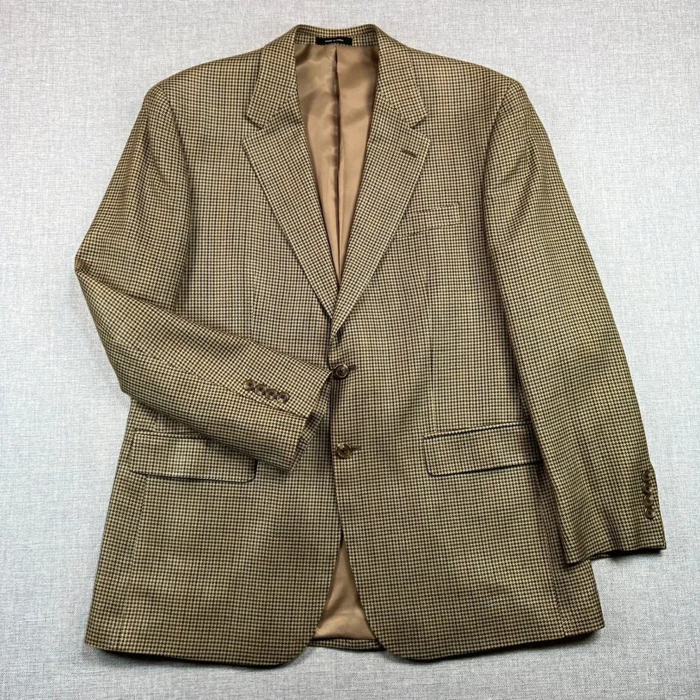 Vintage 90s CHAPS Houndstooth 100% Silk Blazer Sport Coat Men 42R Tan Prep Ivy‎